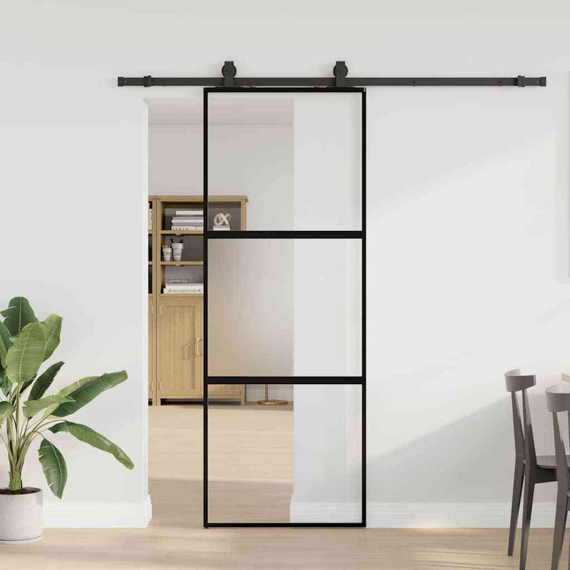 Sliding Door with Hardware Set Black 76x205 cm Tempered Glass