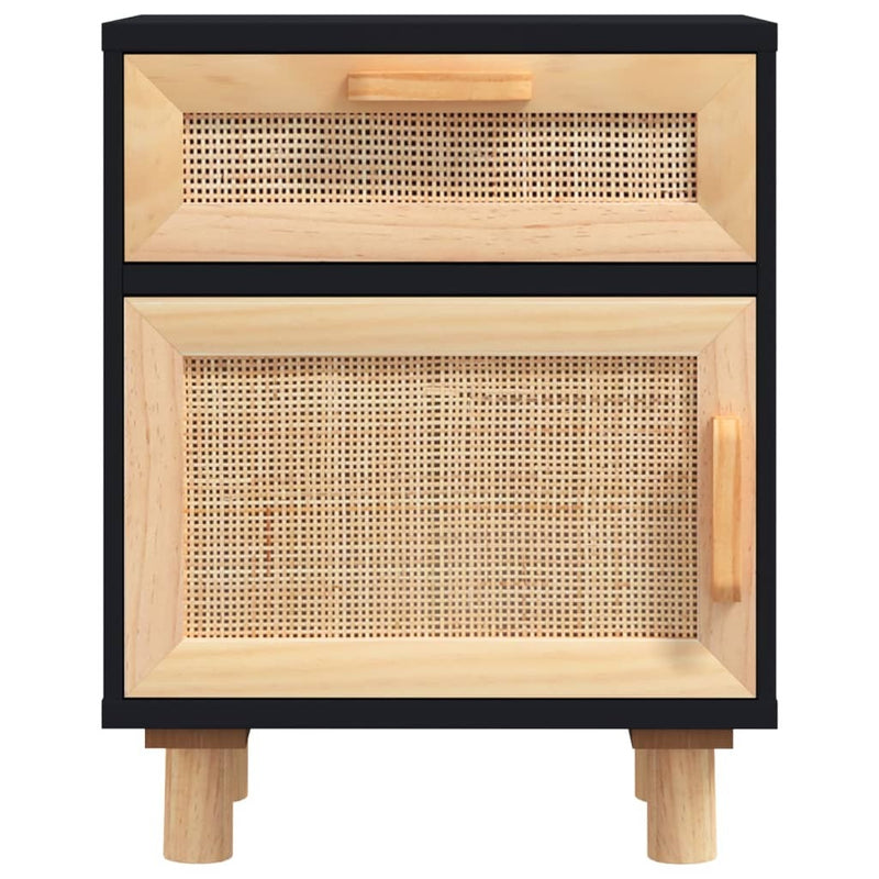 Bedside Cabinet Black Solid Wood Pine and Natural Rattan