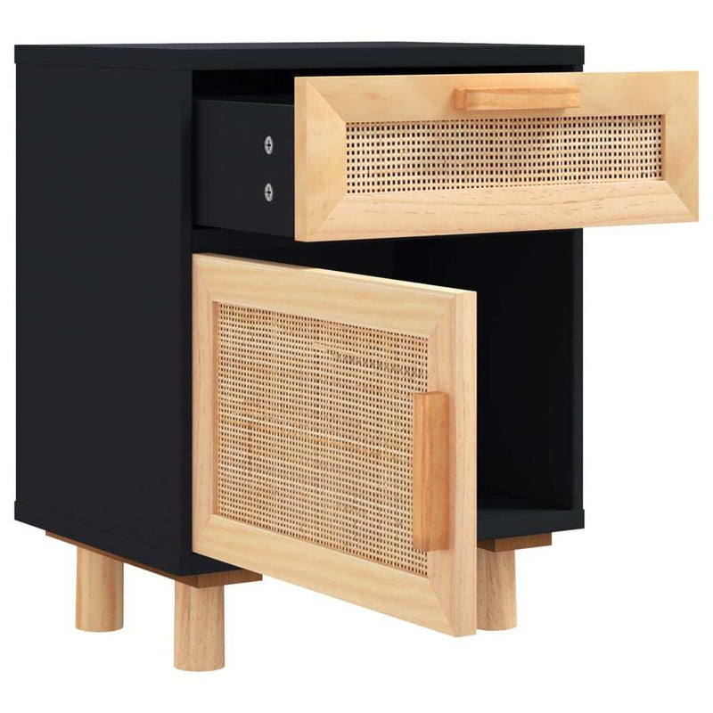 Bedside Cabinet Black Solid Wood Pine and Natural Rattan