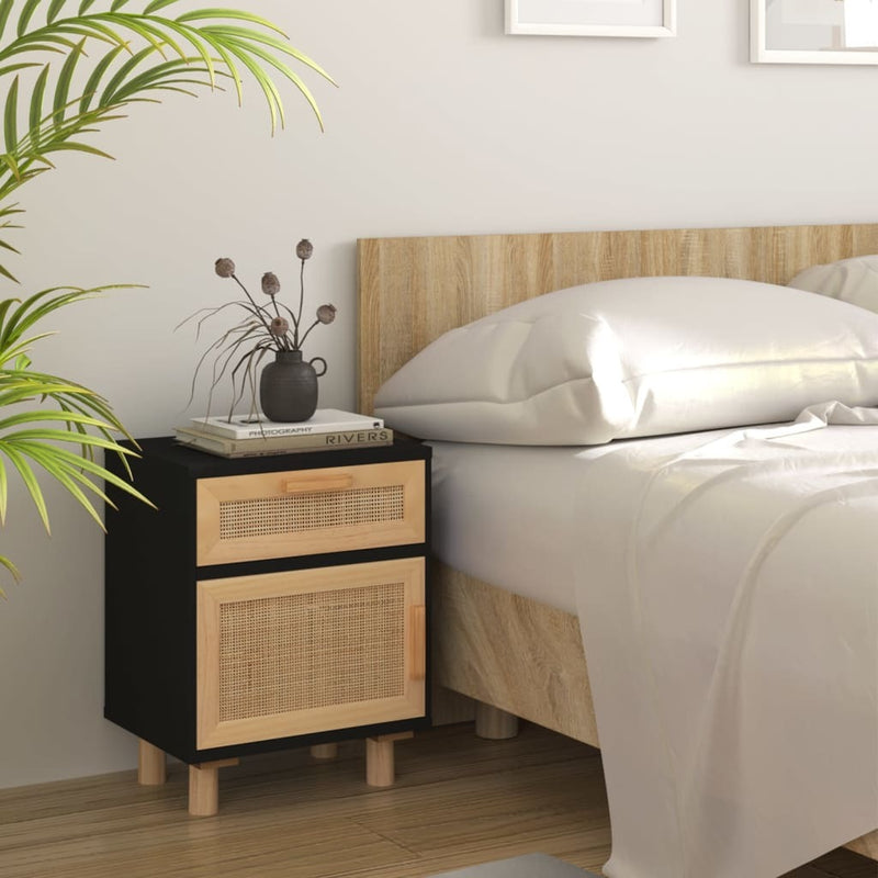 Bedside Cabinet Black Solid Wood Pine and Natural Rattan