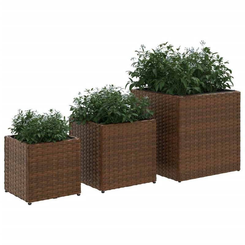 Garden Planters 3 pcs Brown Poly Rattan