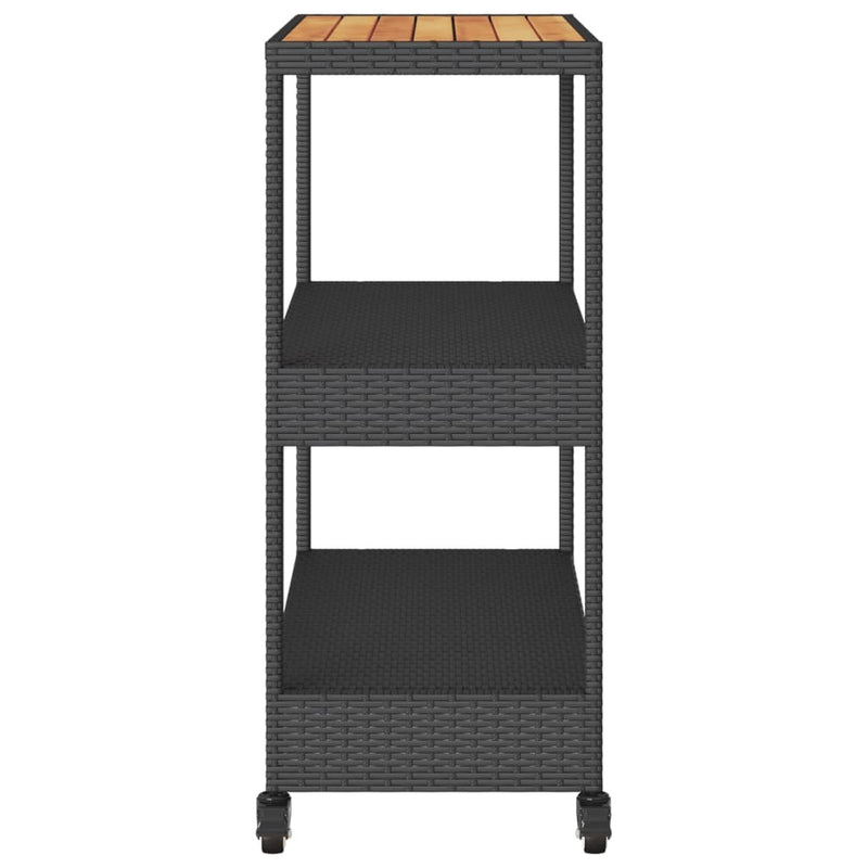 Bar Cart 3-Tier Black Poly Rattan and Solid Wood Acacia