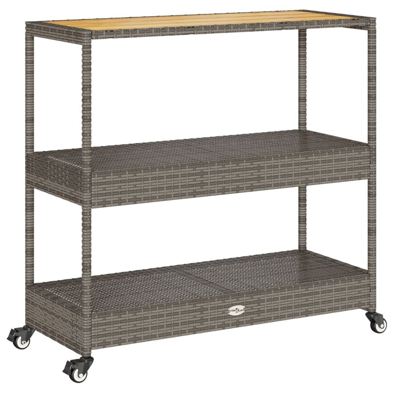 Bar Cart 3-Tier Grey Poly Rattan and Solid Wood Acacia