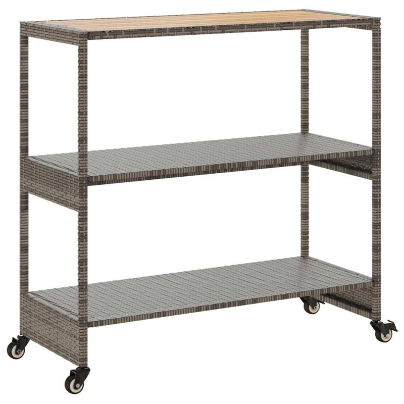 Bar Cart 3-Tier Grey Poly Rattan and Solid Wood Acacia