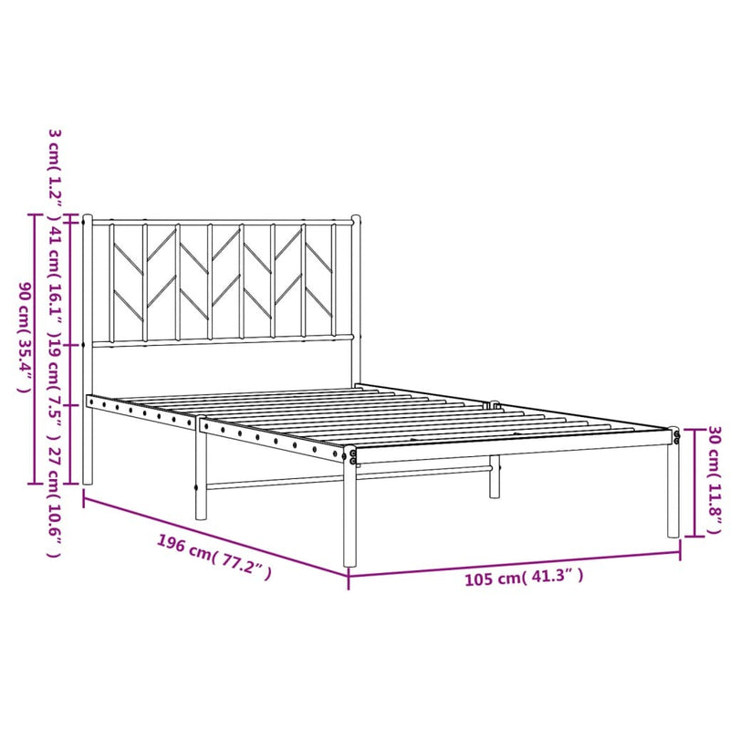 Metal Bed Frame without Mattress with Headboard Black 100x190cm