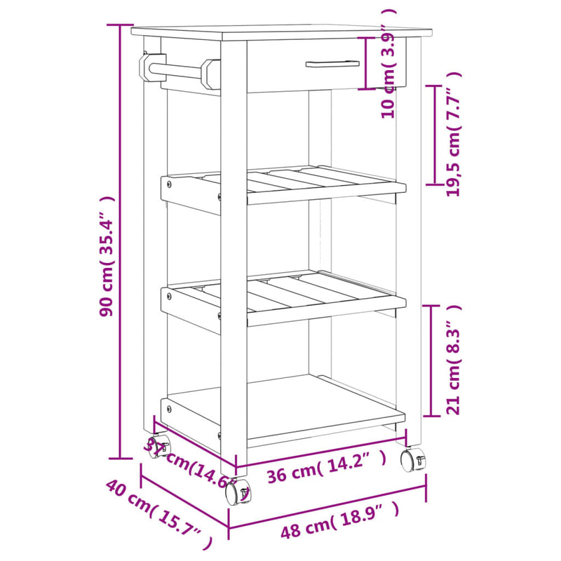 Kitchen Trolley MONZA 48x40x90 cm Solid Wood Pine