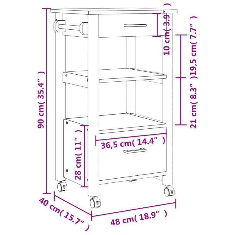 Kitchen Trolley MONZA 48x40x90 cm Solid Wood Pine