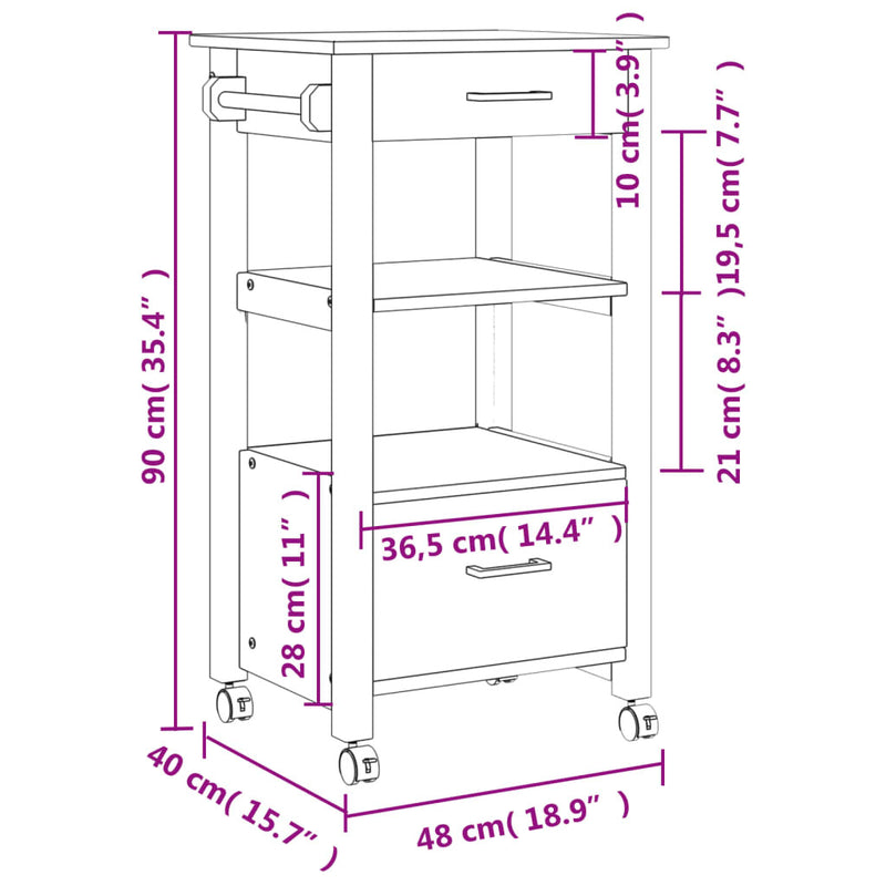 Kitchen Trolley MONZA 48x40x90 cm Solid Wood Pine