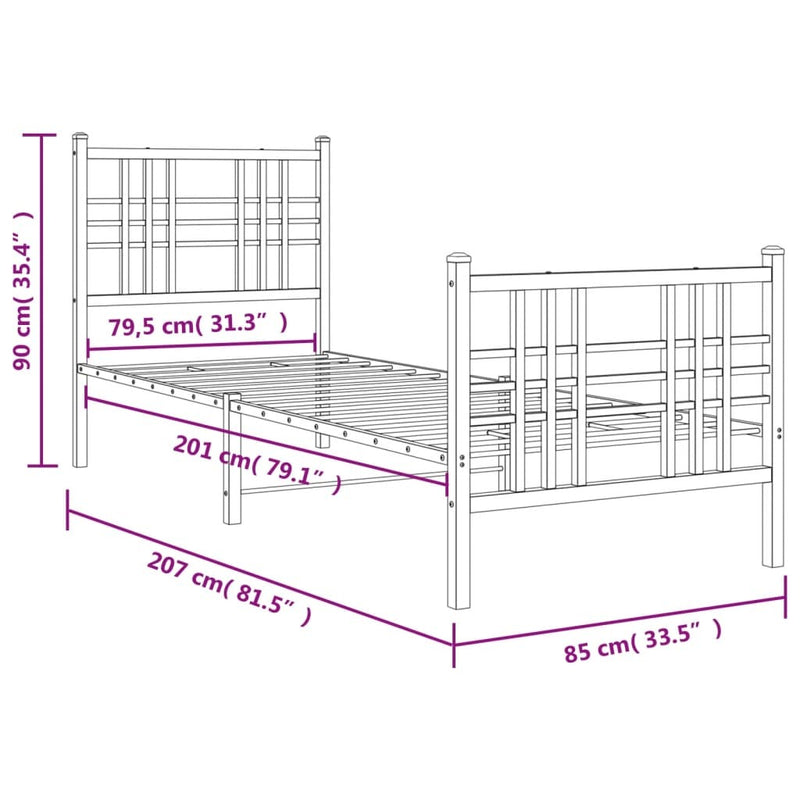 Metal Bed Frame without Mattress with Footboard White 80x200cm