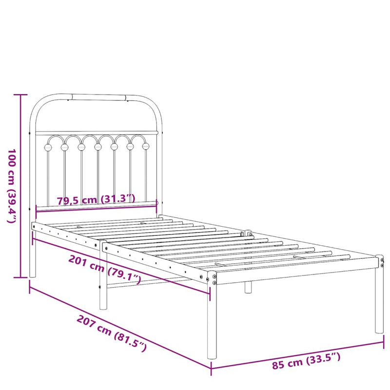 Metal Bed Frame without Mattress with Headboard Black 80x200cm