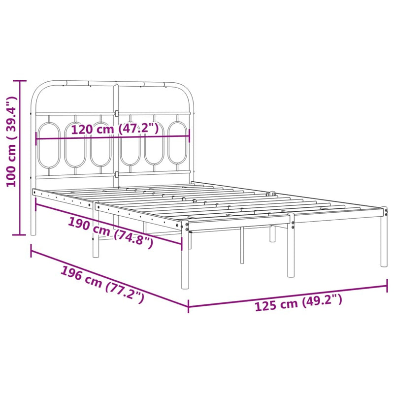 Metal Bed Frame without Mattress with Headboard Black 120x190cm