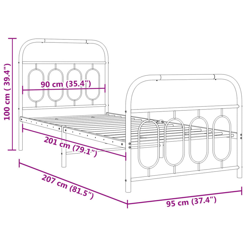 Metal Bed Frame without Mattress with Footboard Black 90x200cm