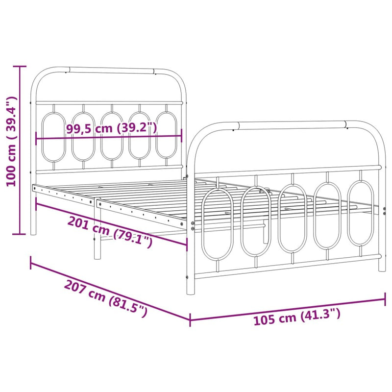 Metal Bed Frame without Mattress with Footboard Black 100x200cm