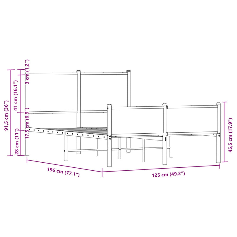 Metal Bed Frame without Mattress Sonoma Oak 120x190 cm Small Double