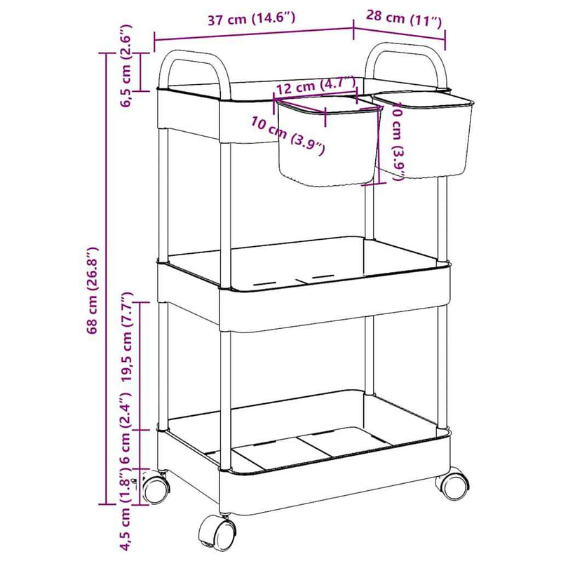 Storage Trolley 3-Tier Transparent 37x28x68 cm Acrylic