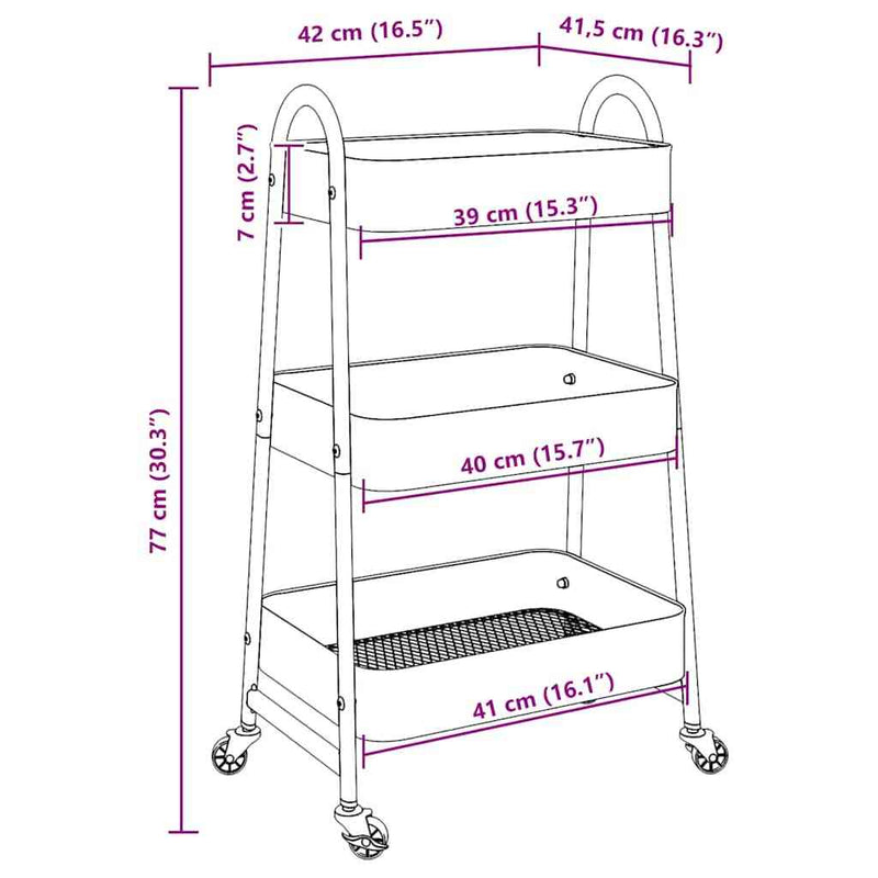 Storage Trolley 3-Tier Black 42x41.5x77 cm Steel