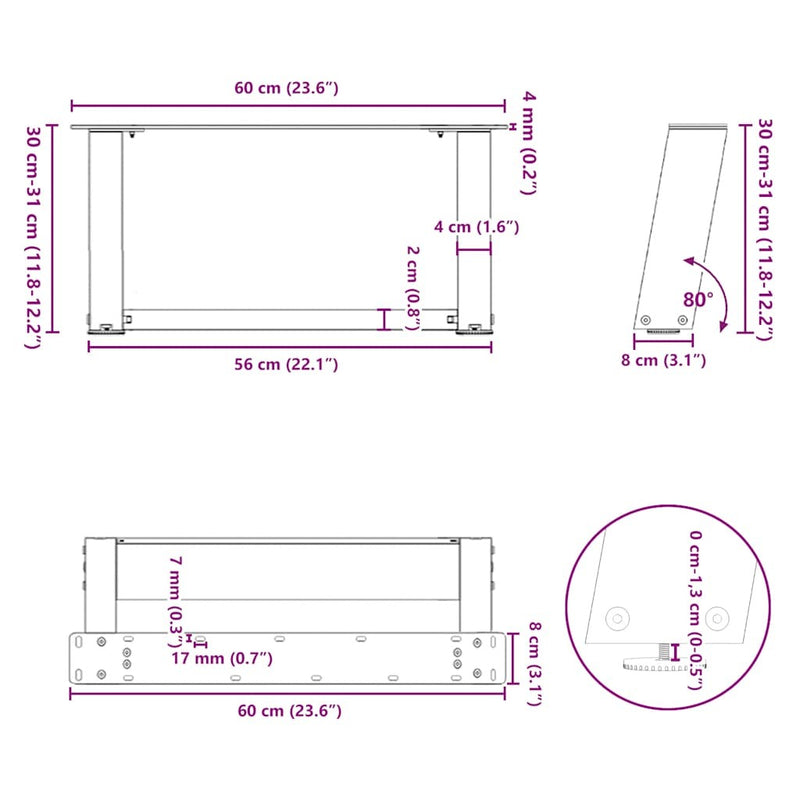 Coffee Table Legs U-Shaped 2 pcs Black 60x(30-31) cm Steel