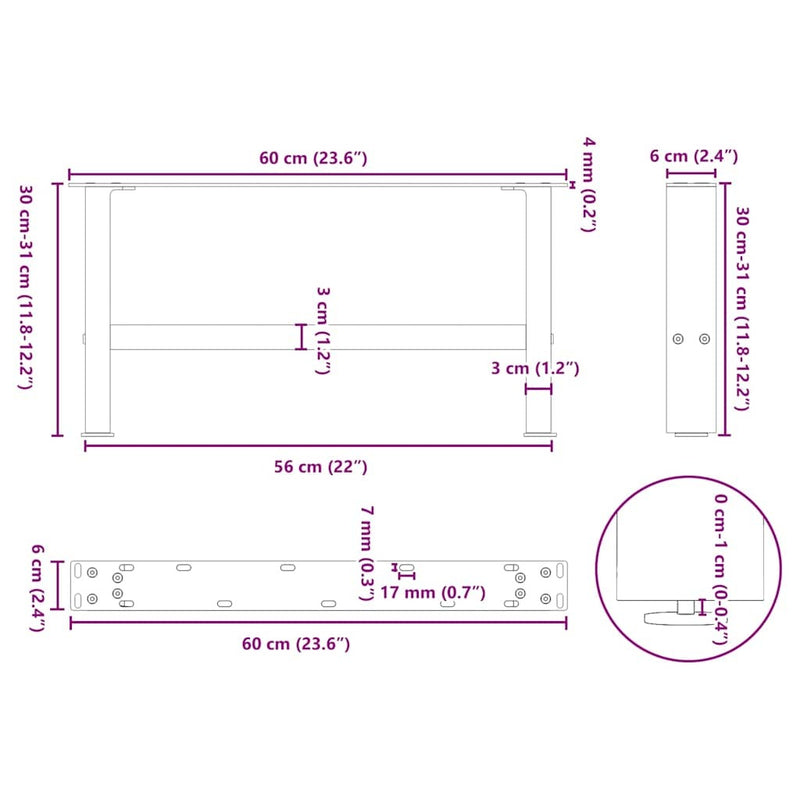 Coffee Table Legs White 2 pcs 60x(30-31) cm Steel