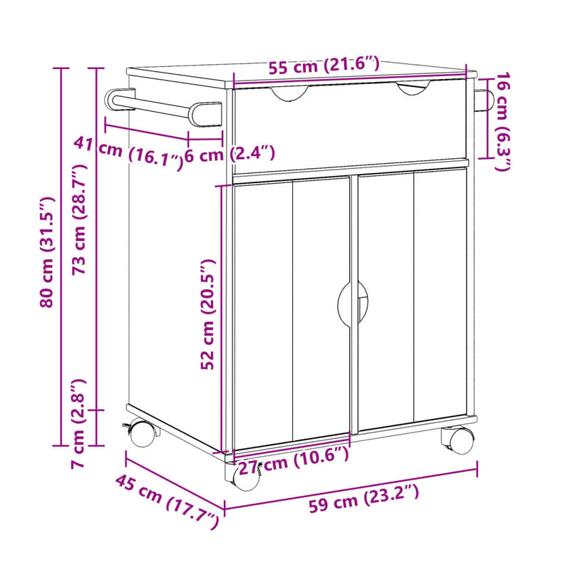 Kitchen Trolley OTTA 59x45x80 cm Solid Wood Pine