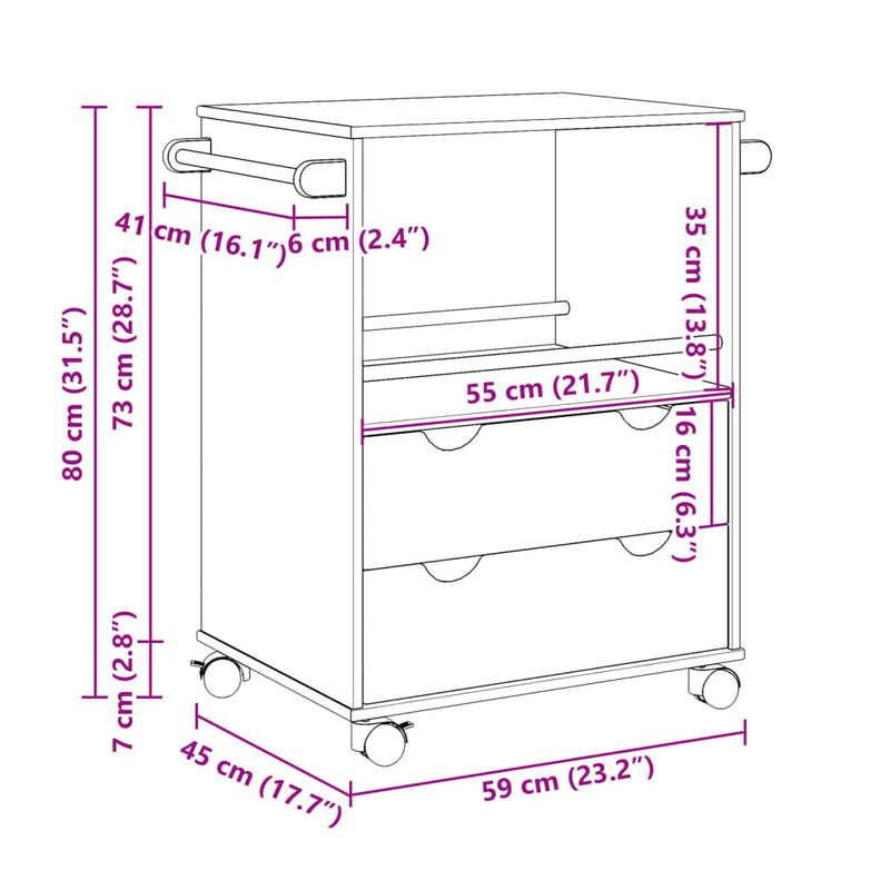 Kitchen Trolley OTTA 59x45x80 cm Solid Wood Pine