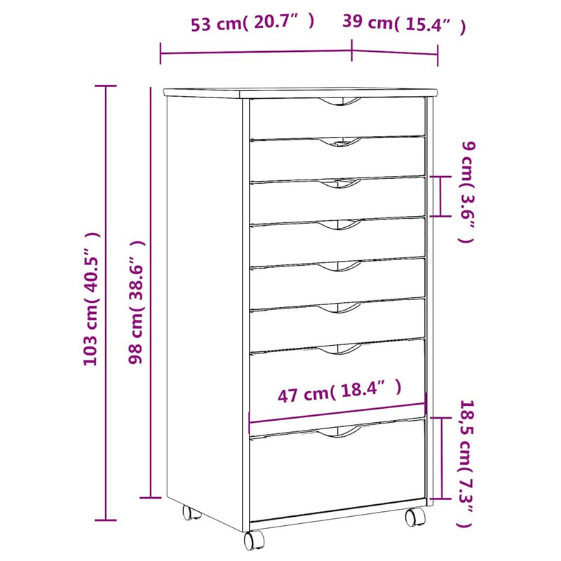 Rolling Cabinet with Drawers MOSS Honey Brown Solid Wood Pine