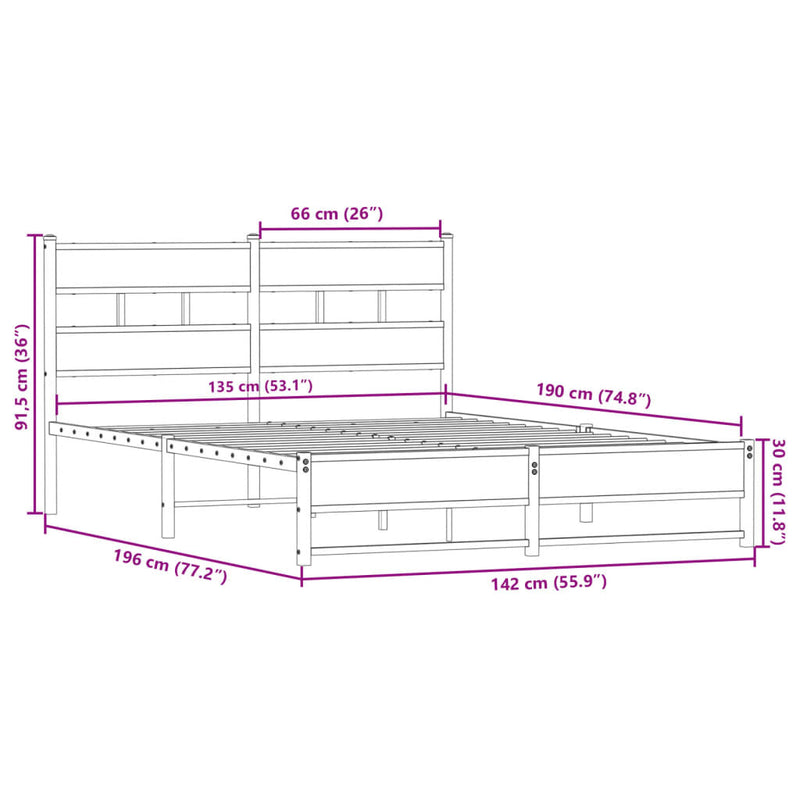 Metal Bed Frame without Mattress Smoked Oak 135x190 cm Double