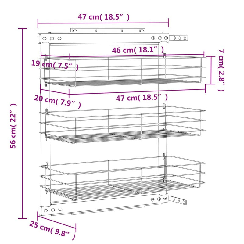 3-Tier Pull-out Kitchen Wire Basket Silver 47x25x56 cm