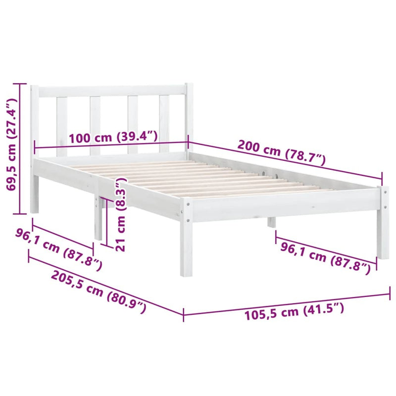 810073  Bed Frame without Mattress White Solid Wood 100x200 cm