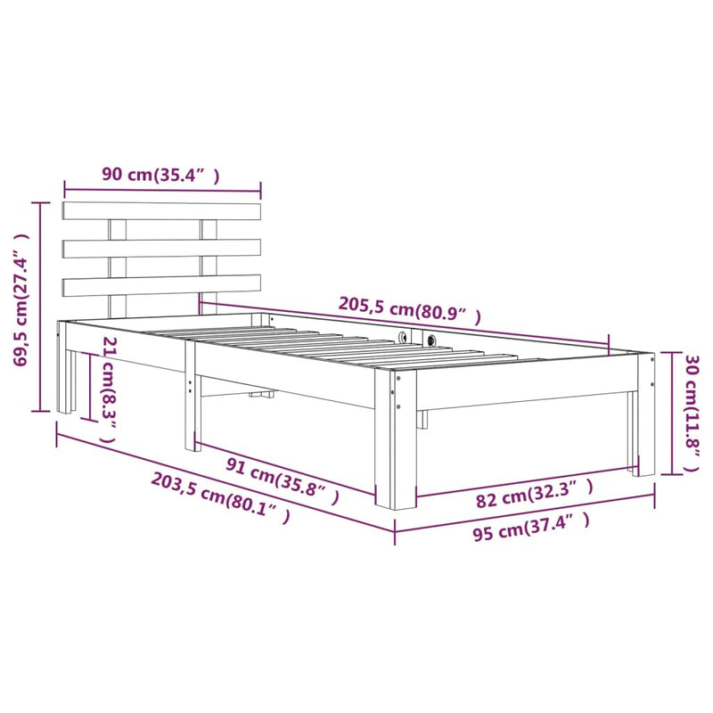 Bed Frame without Mattress Solid Wood 90x200 cm