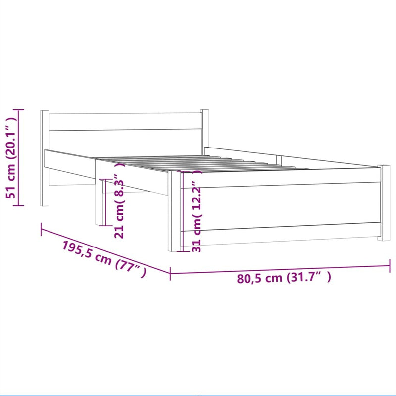 Bed Frame without Mattress Grey Solid Wood 75x190 cm Small Single Small Single