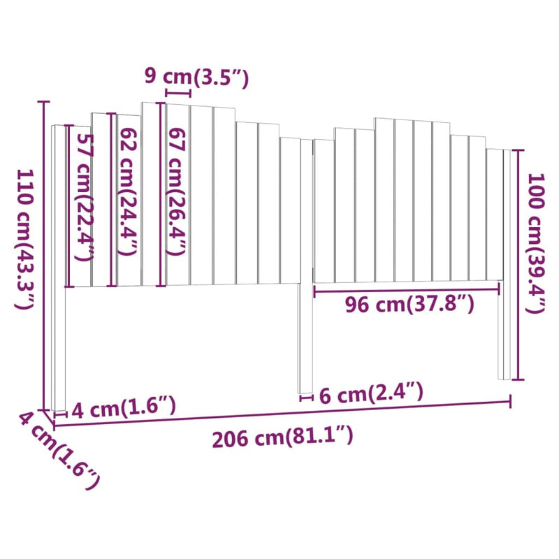 Bed Headboard Black 206x4x110 cm Solid Wood Pine