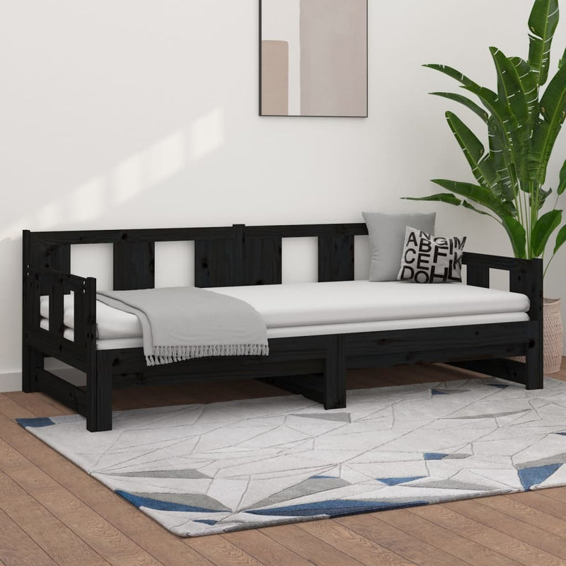 Pull-out Day Bed without Mattress Black Solid Wood Pine 2x cm