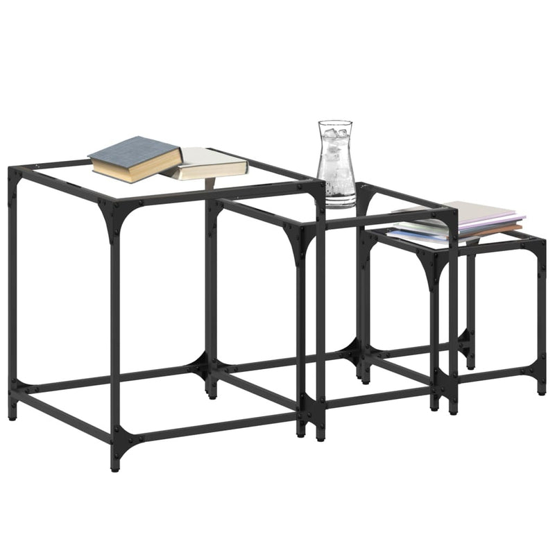 Nesting Coffee Tables 3 pcs with Transparent Glass Top Steel