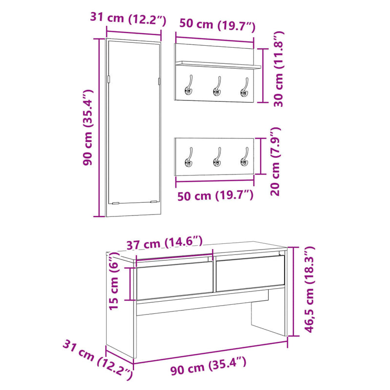 4 Piece Hallway Furniture Set Black Engineered Wood