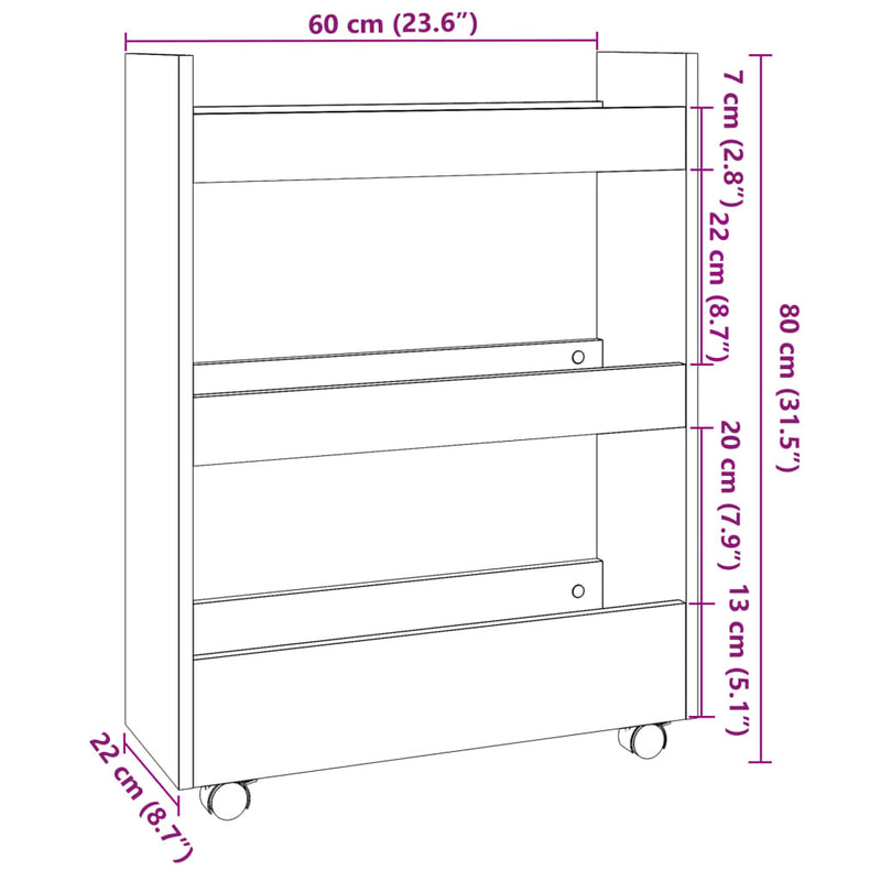 Narrow Storage Trolley 3 Tier Smoked Oak Engineered Wood