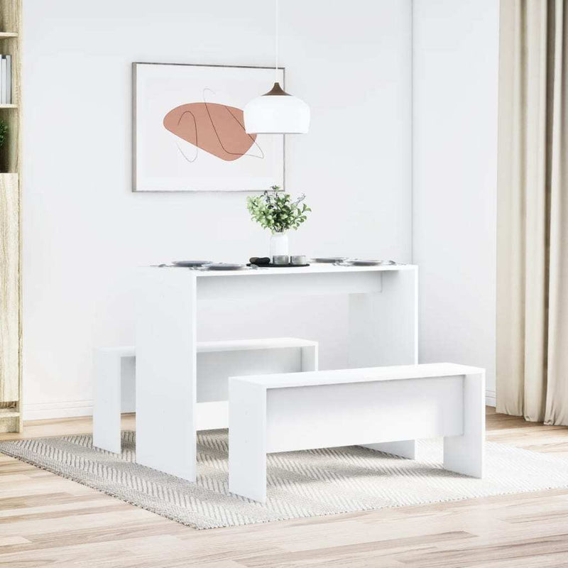 3 Piece Dining Table and Bench set White Engineered Wood