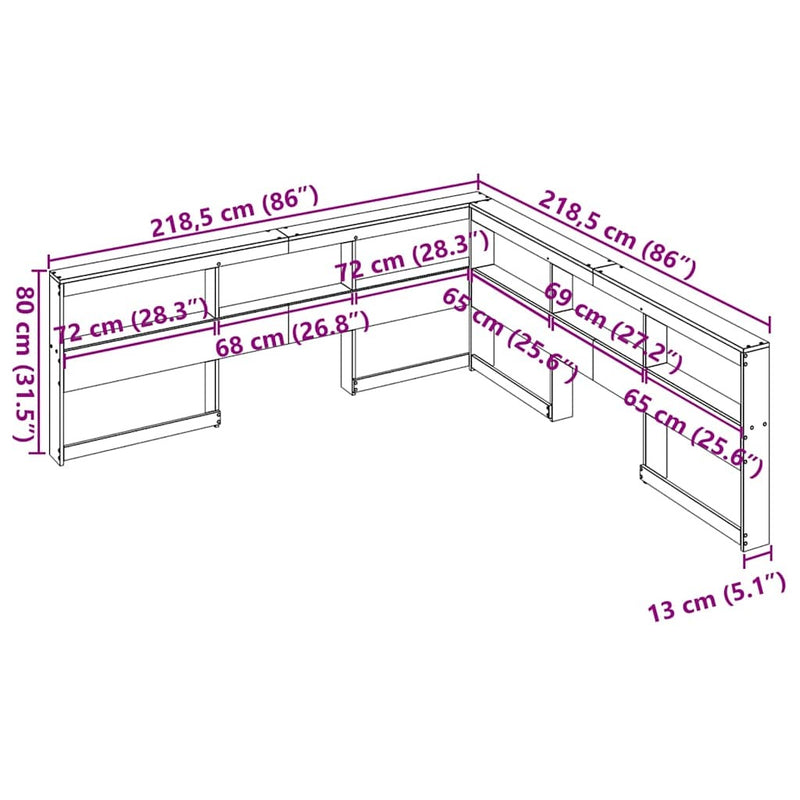 Bookcase Headboard L-Shaped White 200 cm Solid Wood Pine