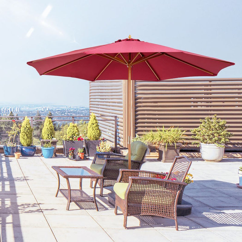 Outsunny 3m Fir Wooden Garden Parasol Sun Shade Outdoor Umbrella Canopy Wine Red