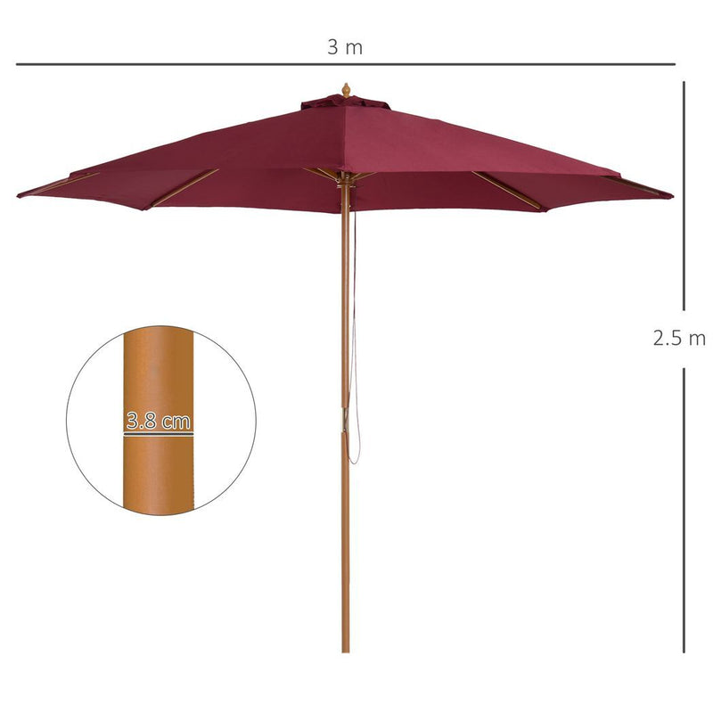 Outsunny 3m Fir Wooden Garden Parasol Sun Shade Outdoor Umbrella Canopy Wine Red