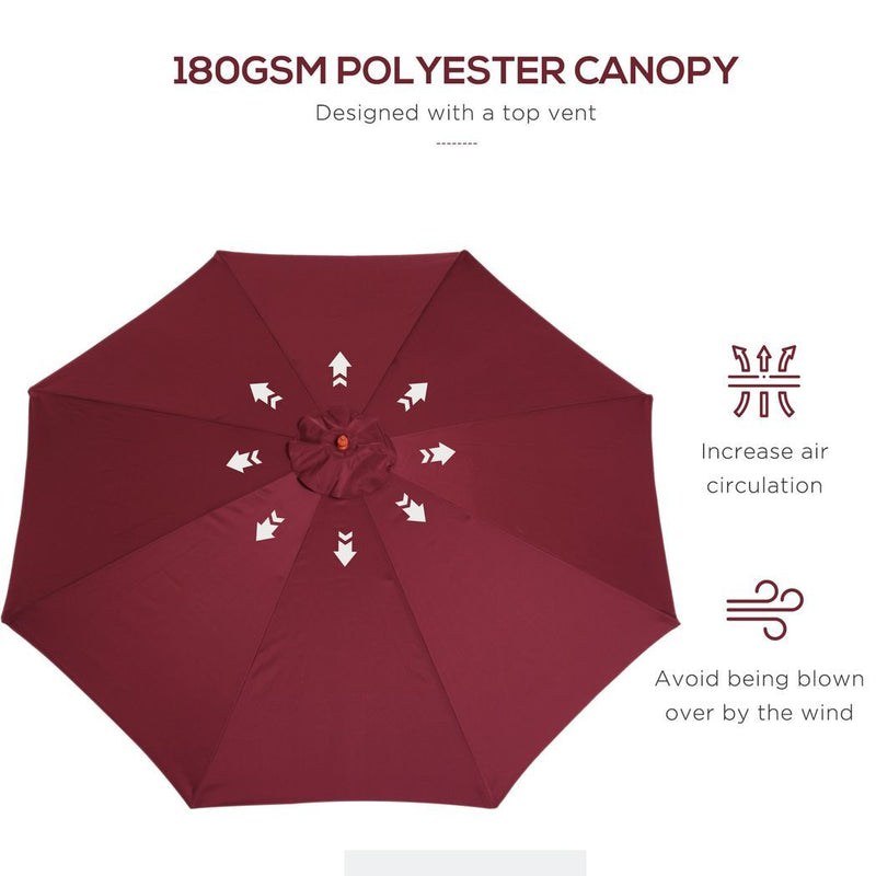 Outsunny 3m Fir Wooden Garden Parasol Sun Shade Outdoor Umbrella Canopy Wine Red