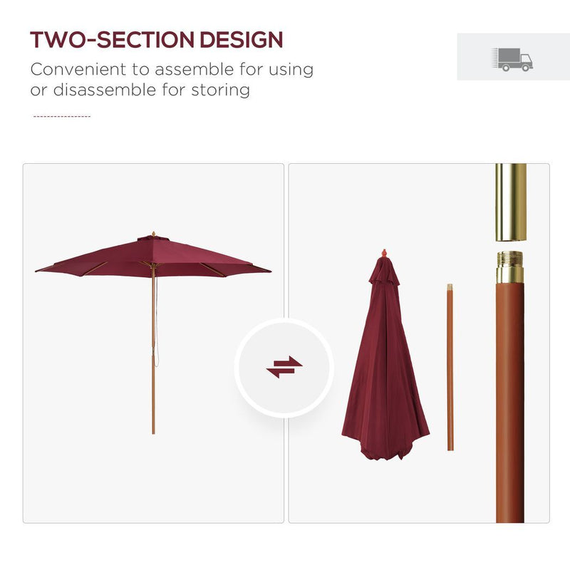 Outsunny 3m Fir Wooden Garden Parasol Sun Shade Outdoor Umbrella Canopy Wine Red