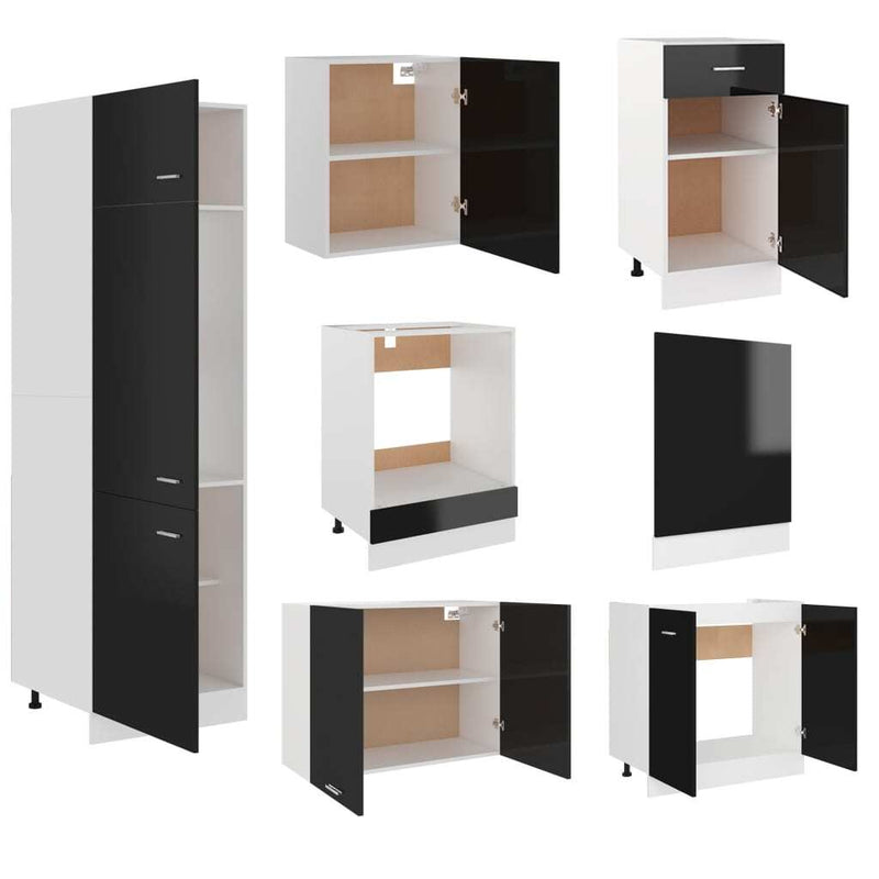 7 Piece Kitchen Cabinet Set High Gloss Black Engineered Wood