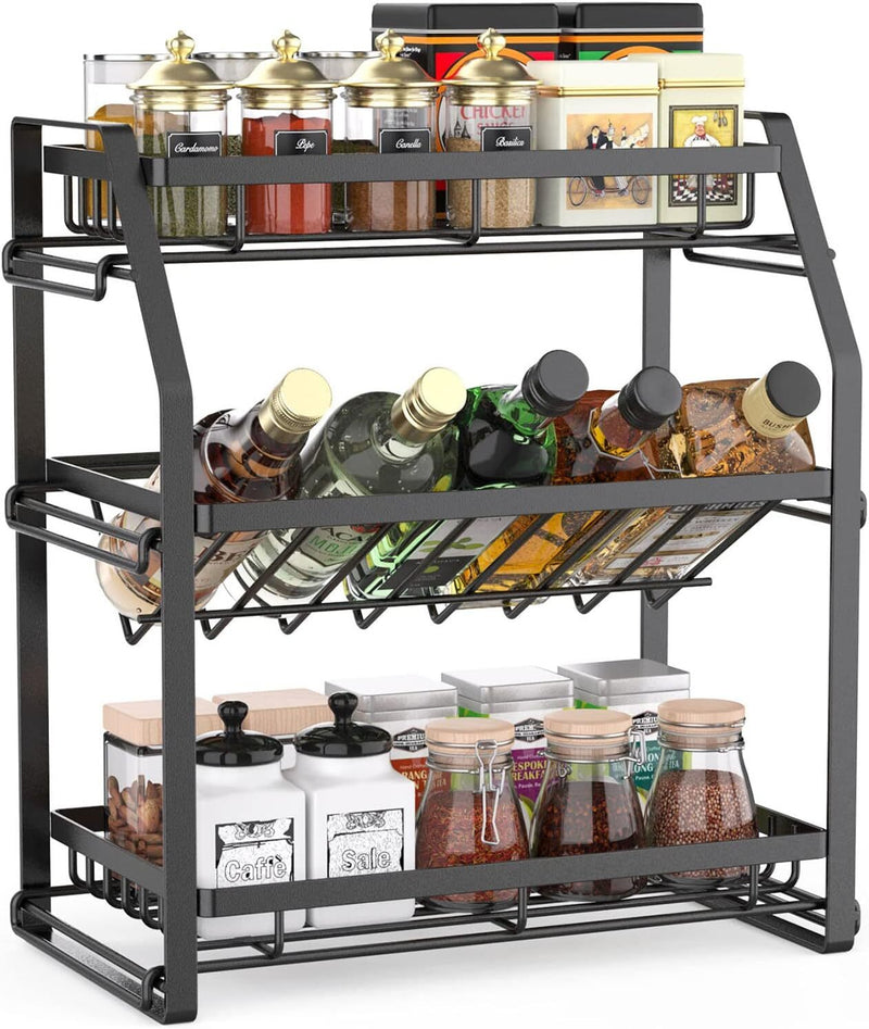 Spice Rack Organizer, 3-Tier Seasoning Organizer, Kitchen Spice Shelf,Countertop Organizer for Bathroom Vanity Kitchen-Black