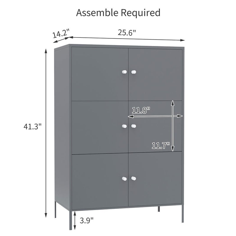 Storage Cabinet, 3-Tier Metal Office Cabinet, Multipurpose Storage Organiser Stand with 6 Doors, Gray