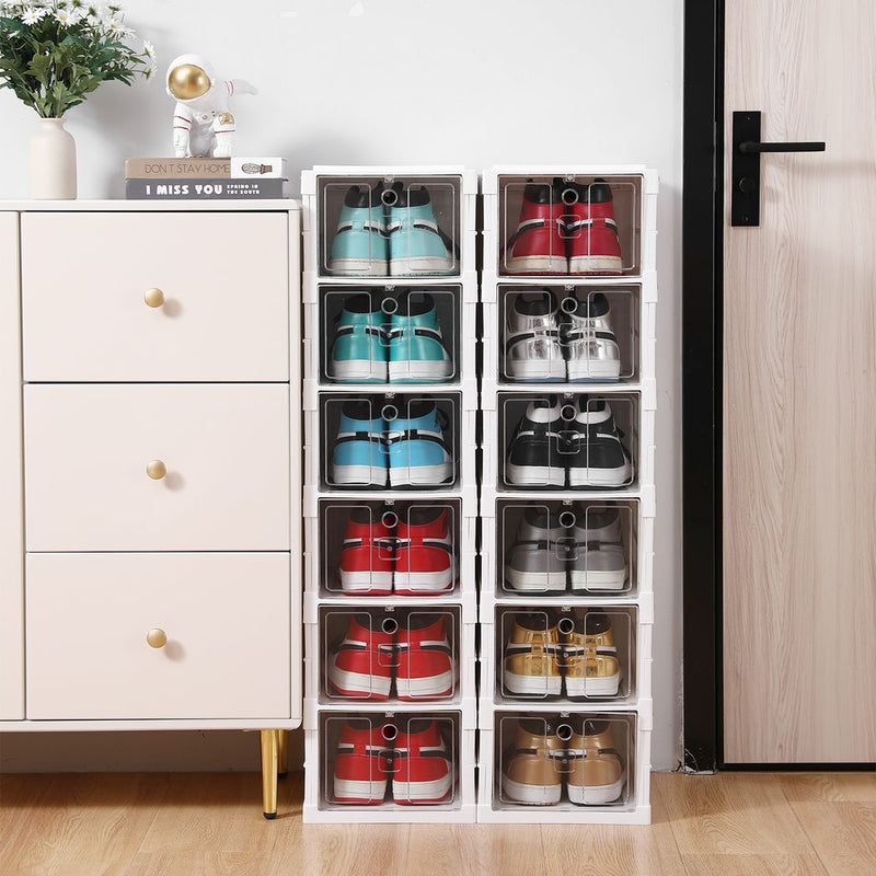 Plastic Stackable Shoe Storage Organizer for Closet,oldable Shoe Sneaker Containers Bins Holders (6 Tier, White)