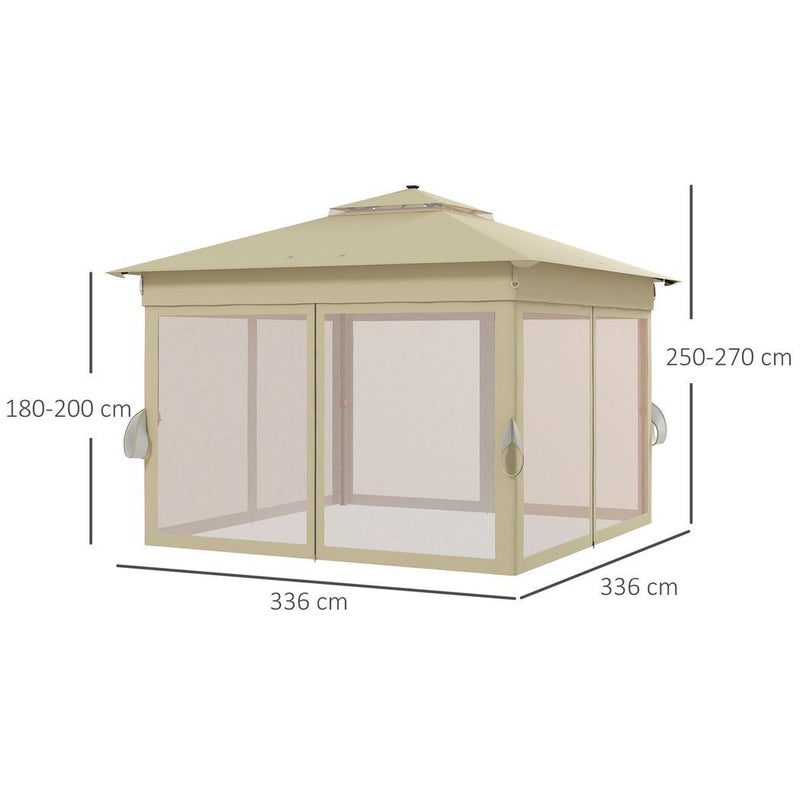 Outsunny 3x3(m) Pop Up Gazebo w/ Solar-Powered LED Lights Curtain Netting Khaki