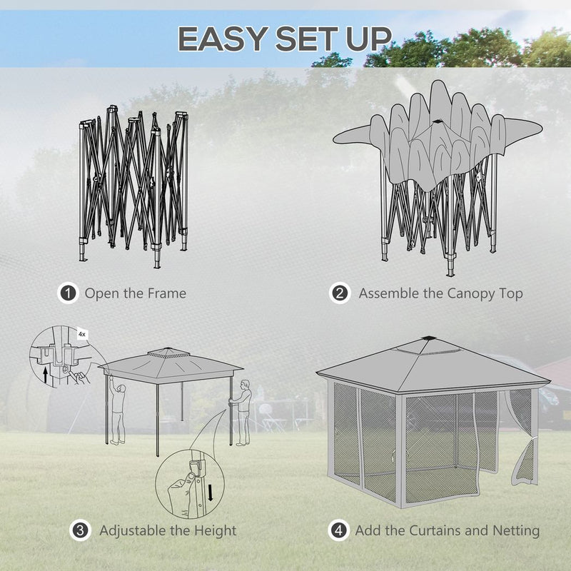 Outsunny 3x3(m) Pop Up Gazebo w/ Solar-Powered LED Lights Curtain Netting Khaki