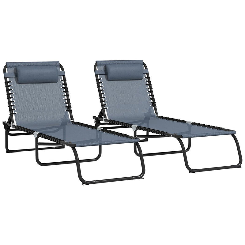 Outsunny 2 Pcs Folding Beach Chair Chaise Lounge 4 Adjustable Positions, Grey