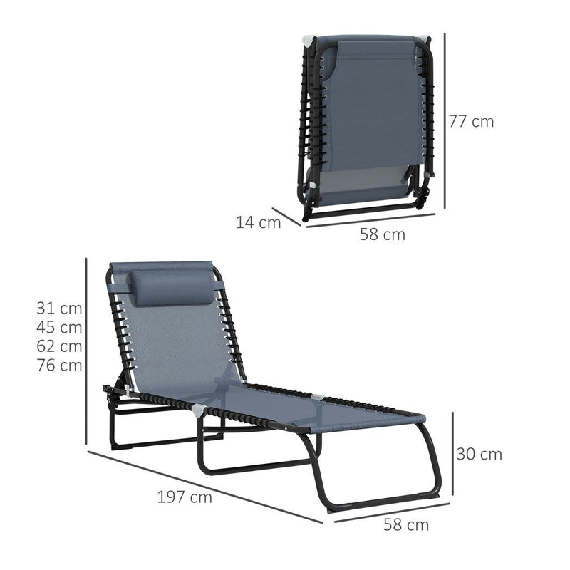 Outsunny 2 Pcs Folding Beach Chair Chaise Lounge 4 Adjustable Positions, Grey