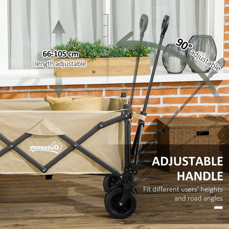 Outsunny Foldable Garden Cart, Outdoor Utility Wagon with Carry Bag, Khaki